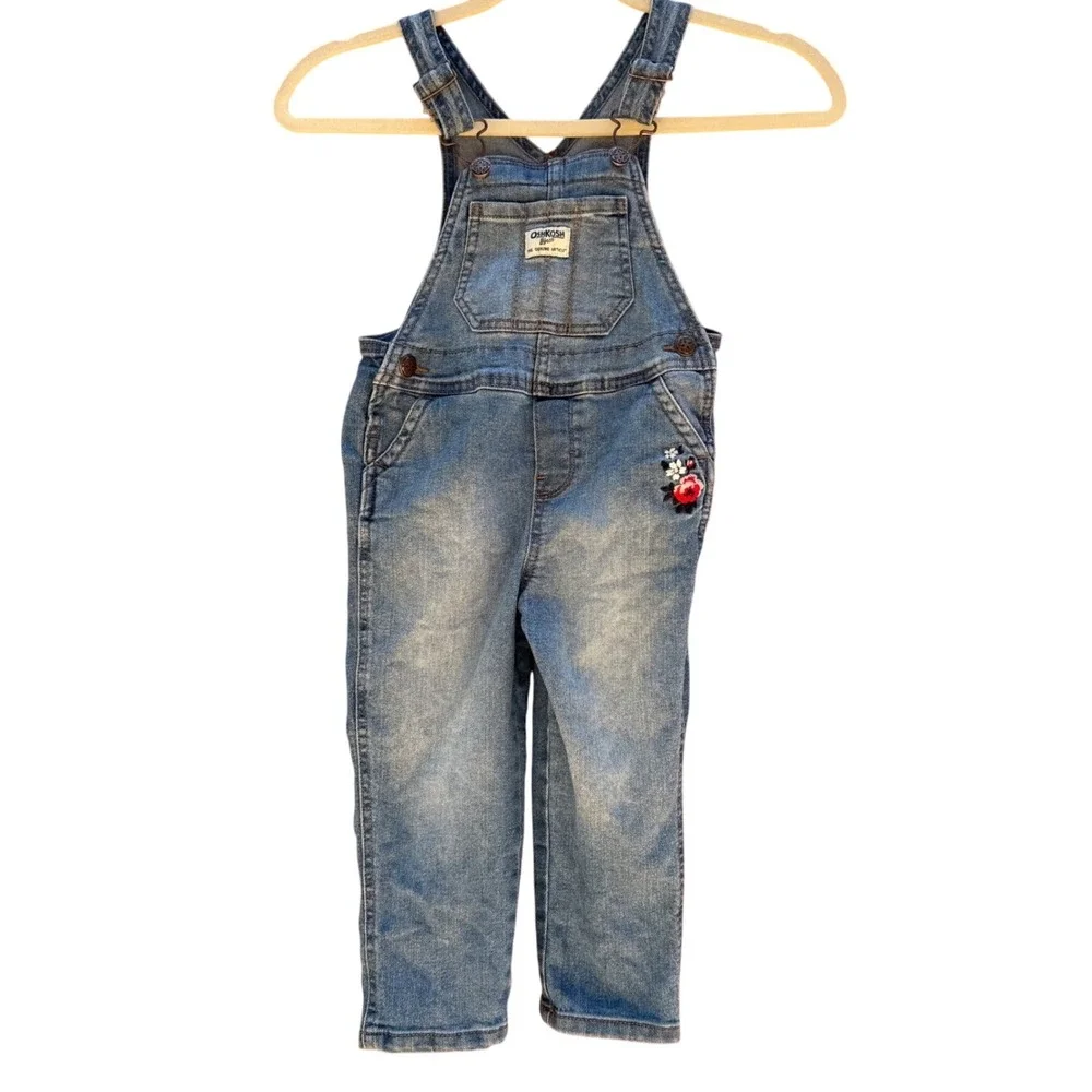 OshGosh B'Gosh Bib Overalls Girls 3T Floral Embroidered Jeans‎ Kids